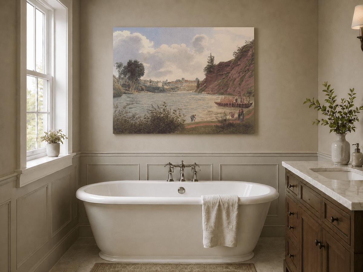 Peinture à l'huile de paysage - Gouffre rocheux spectaculaire avec personnages