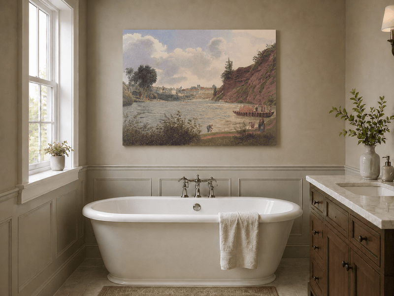 Peinture à l'huile de paysage - Gouffre rocheux spectaculaire avec personnages