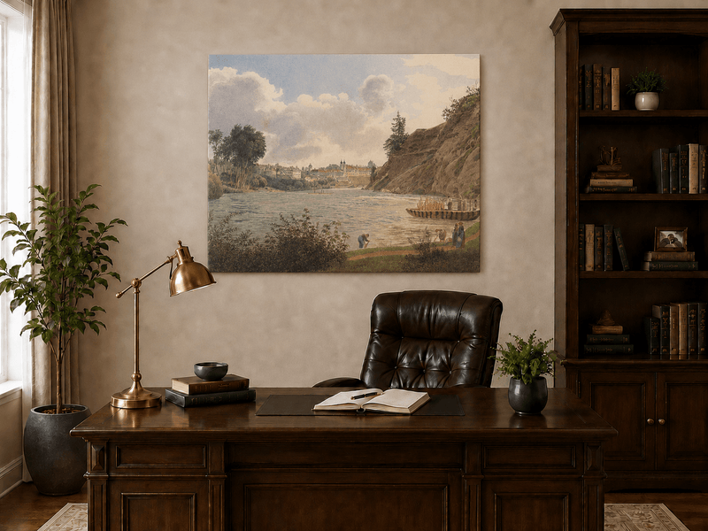 Peinture à l'huile de paysage - Gouffre rocheux spectaculaire avec personnages