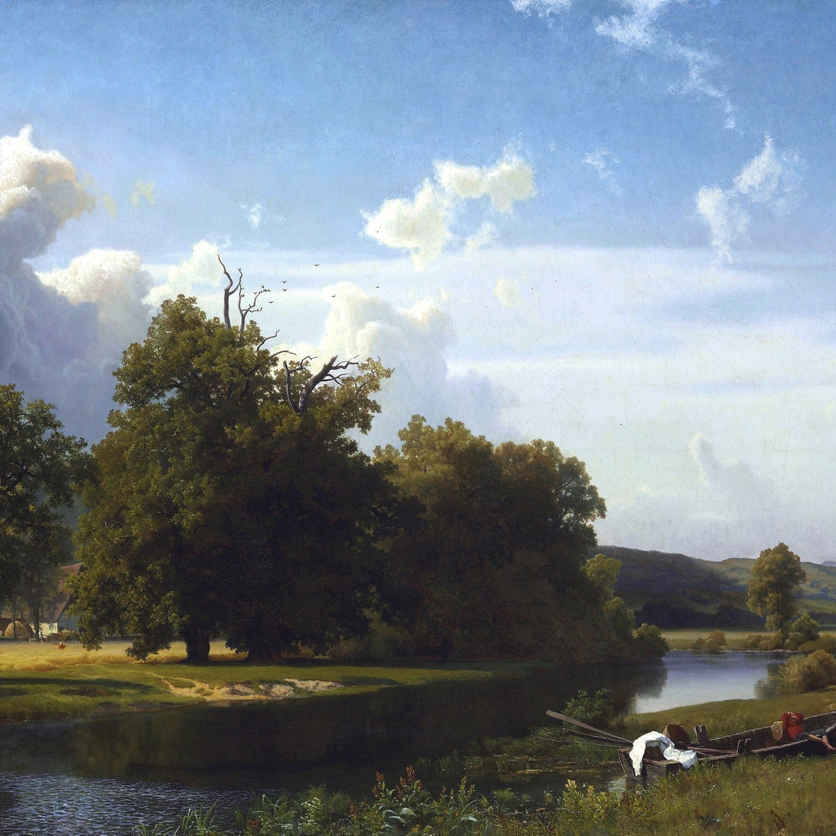 Peinture à l'huile de paysage - Bord de rivière, grand chêne, bateau et maisonnette au loin