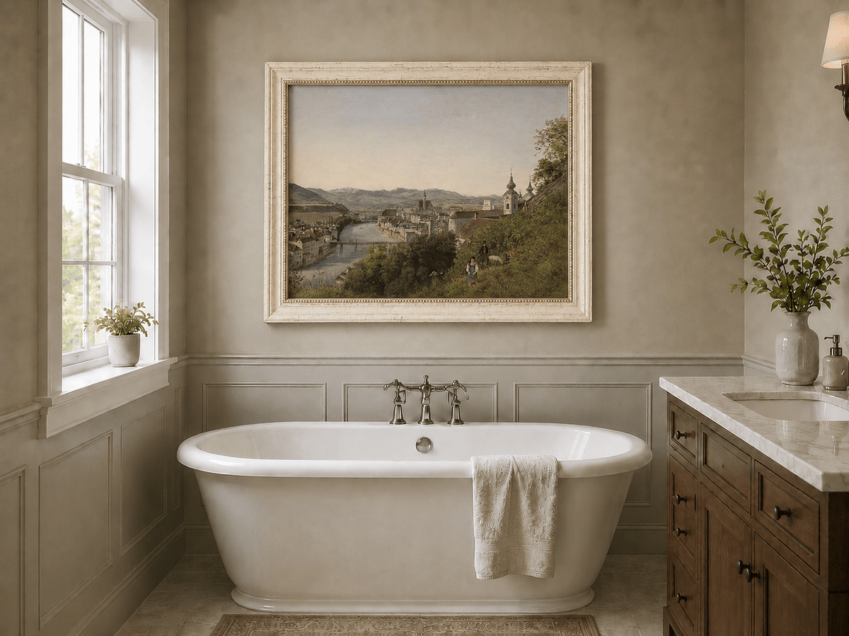 Landscape Oil Painting - Riverside Old Town and Hillside View