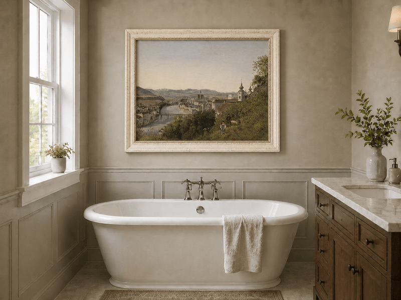 Landscape Oil Painting - Riverside Old Town and Hillside View