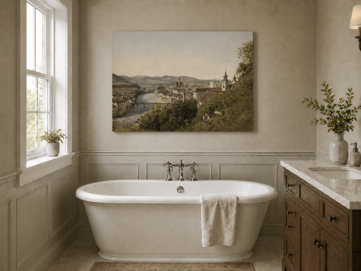 Landscape Oil Painting - Riverside Old Town and Hillside View