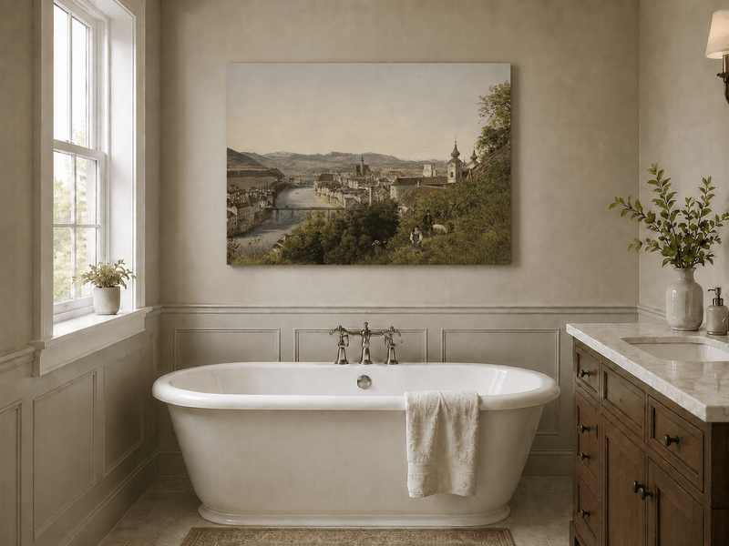 Landscape Oil Painting - Riverside Old Town and Hillside View