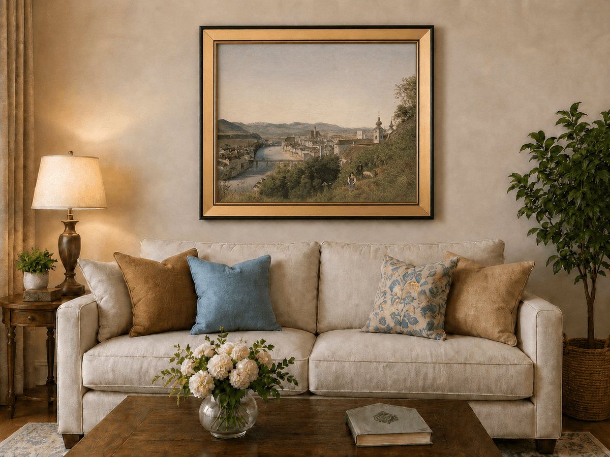 Landscape Oil Painting - Riverside Old Town and Hillside View
