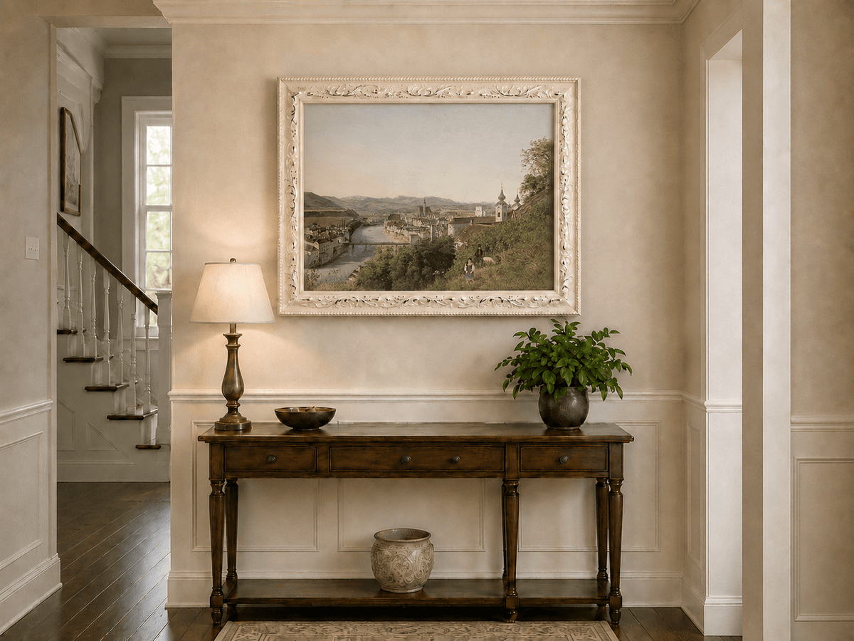 Landscape Oil Painting - Riverside Old Town and Hillside View