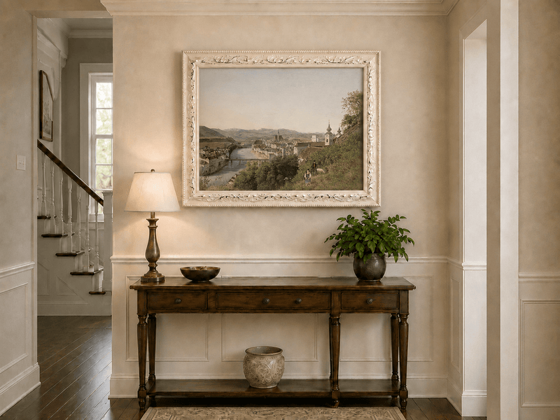 Landscape Oil Painting - Riverside Old Town and Hillside View