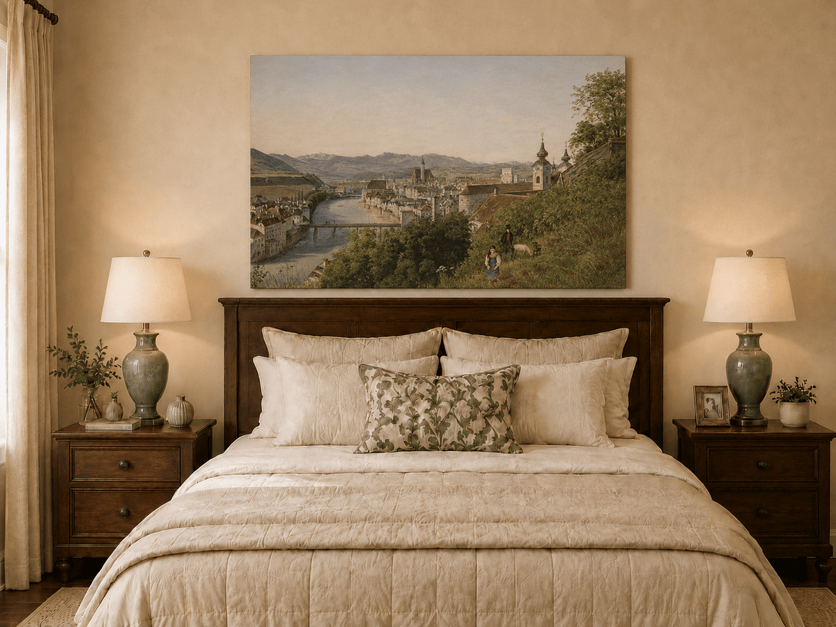 Landscape Oil Painting - Riverside Old Town and Hillside View