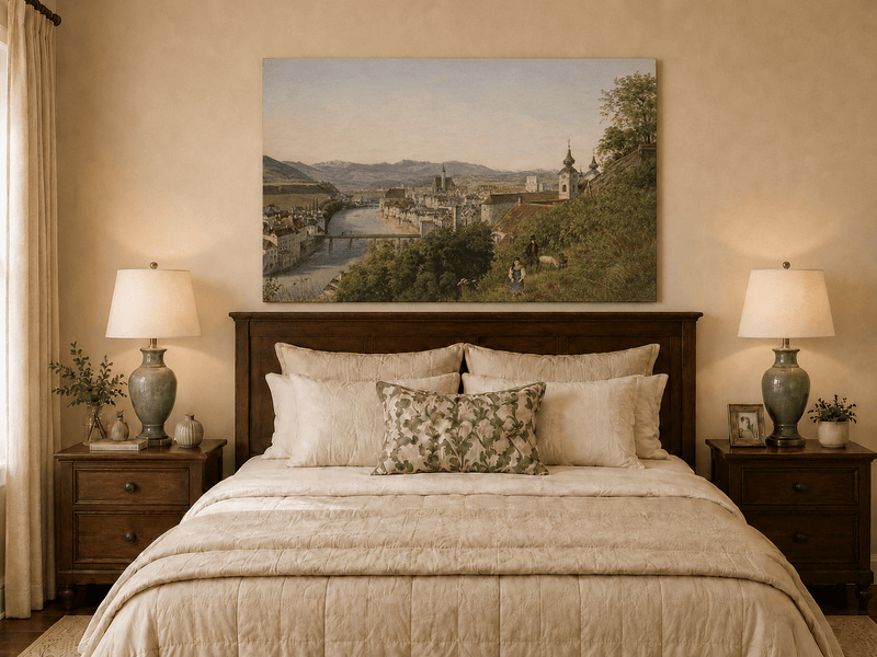 Landscape Oil Painting - Riverside Old Town and Hillside View