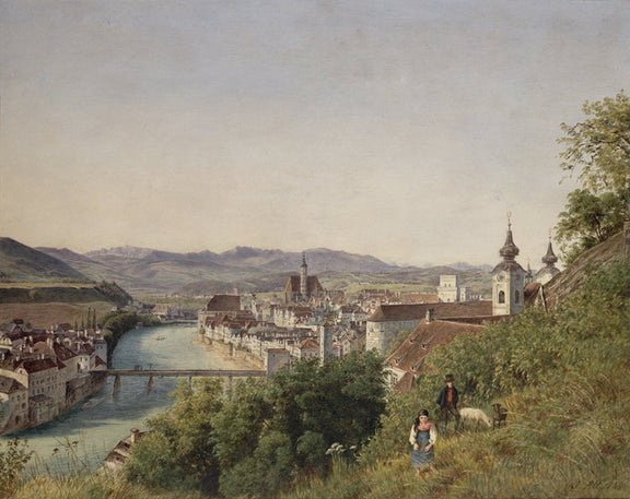 Hand-painted riverside old town and hillside view landscape oil painting on canvas
