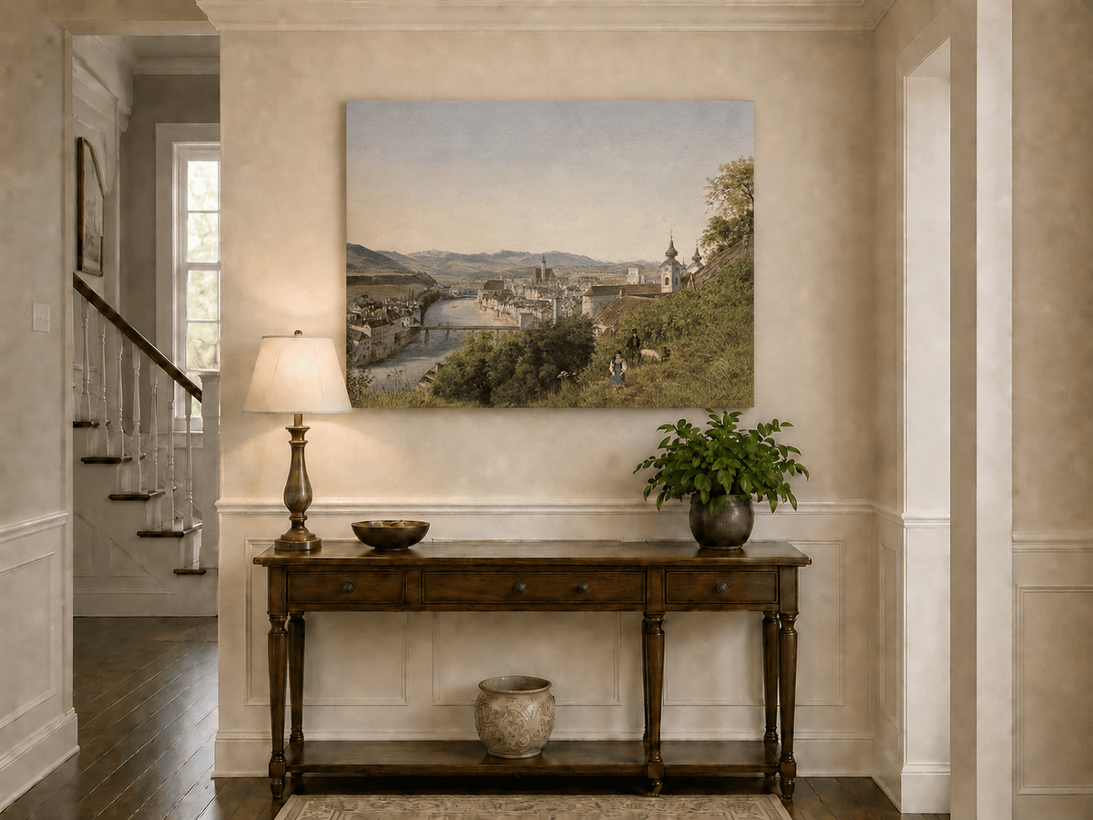 Landscape Oil Painting - Riverside Old Town and Hillside View