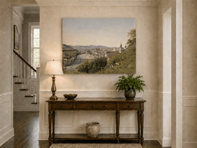 Landscape Oil Painting - Riverside Old Town and Hillside View