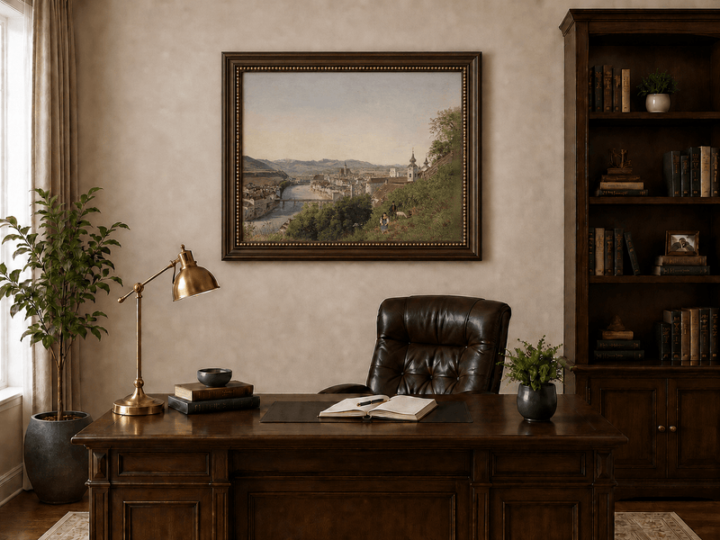 Landscape Oil Painting - Riverside Old Town and Hillside View