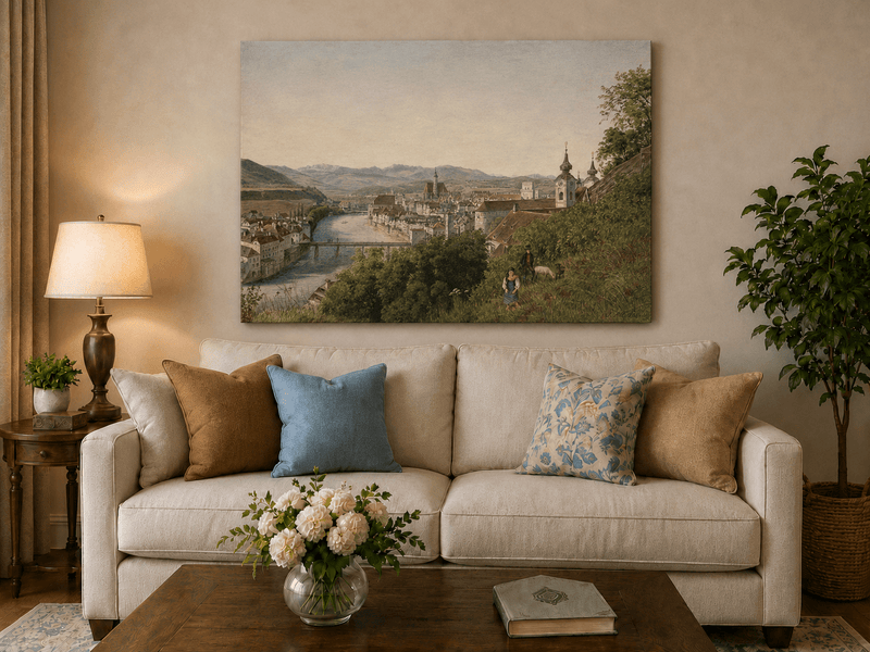 Landscape Oil Painting - Riverside Old Town and Hillside View