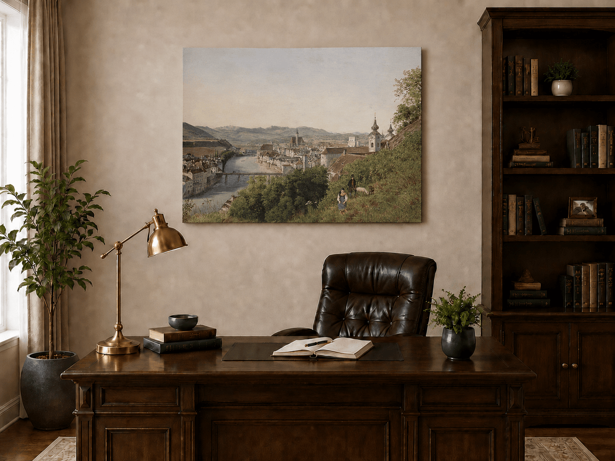 Landscape Oil Painting - Riverside Old Town and Hillside View