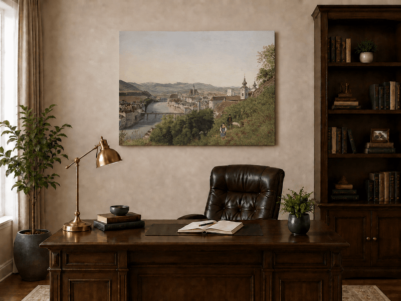 Landscape Oil Painting - Riverside Old Town and Hillside View