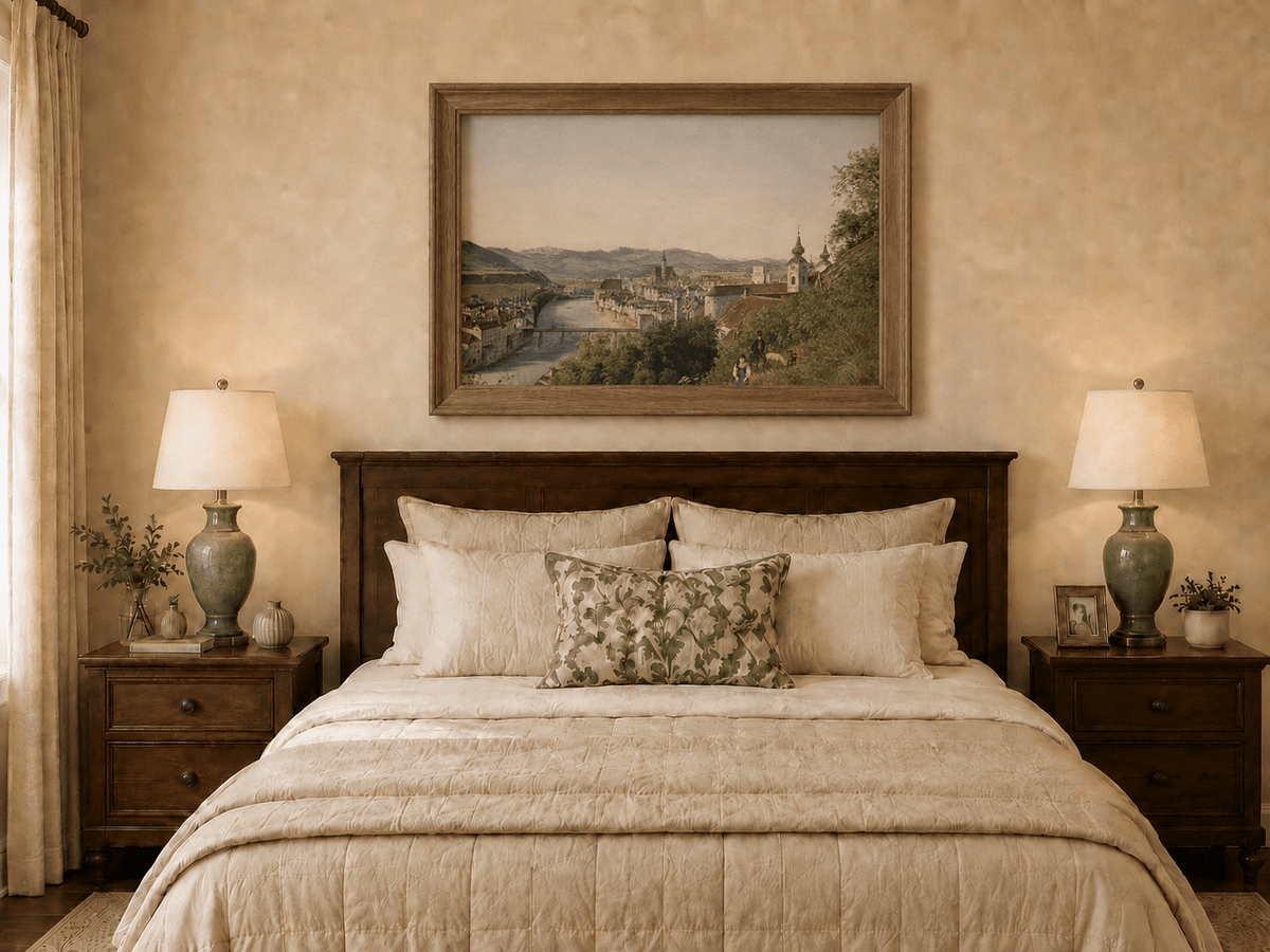 Landscape Oil Painting - Riverside Old Town and Hillside View