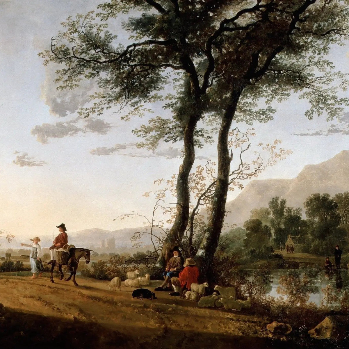 Landscape Oil Painting - Riverside Path with Figures, Horse and Sheep - Oil Painting Haven