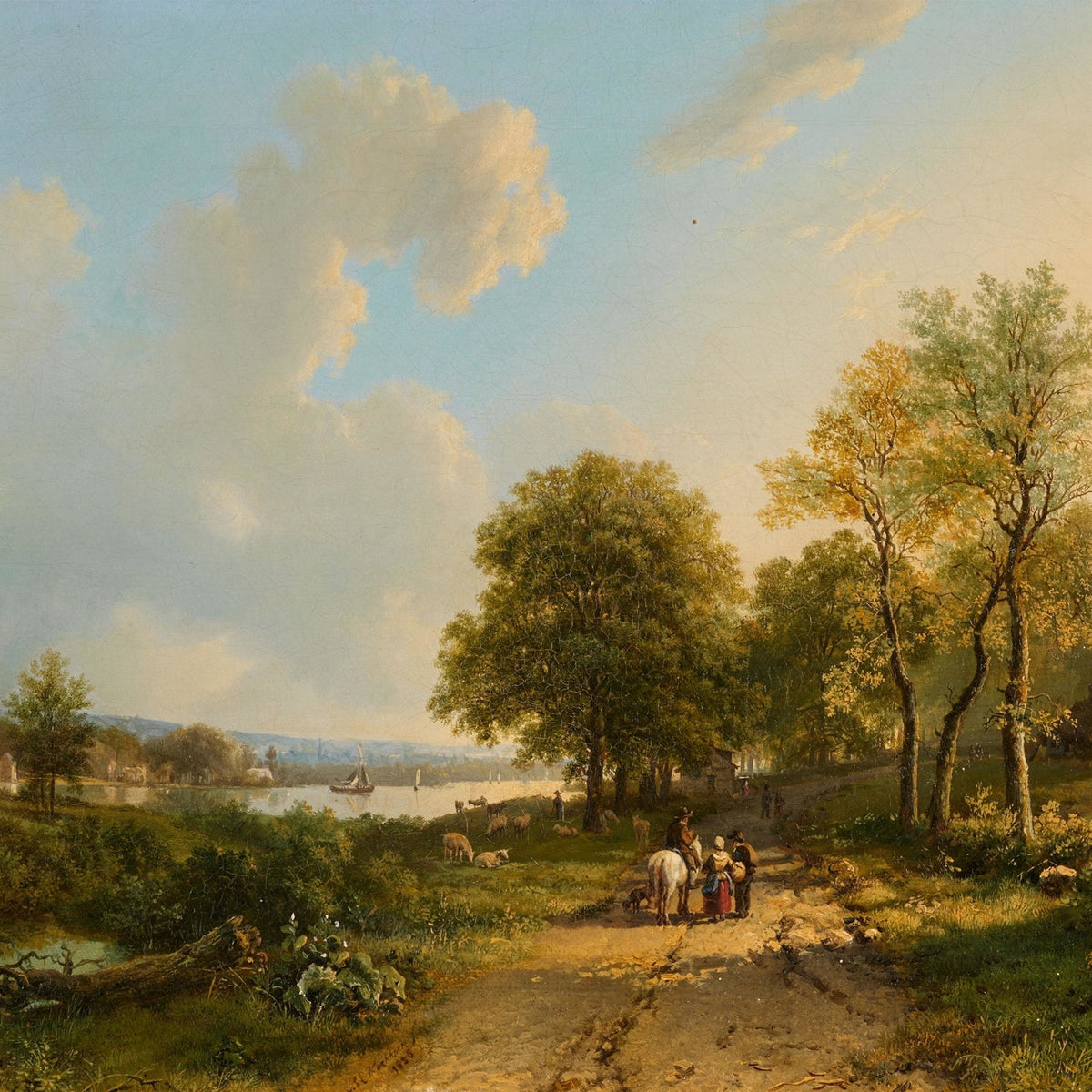 Landscape Oil Painting - Riverside Path with Rider and Walkers - Oil Painting Haven