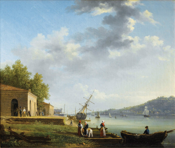 Landscape Oil Painting - Riverside Port, Sailing Ships, Shore Figures - Oil Painting Haven