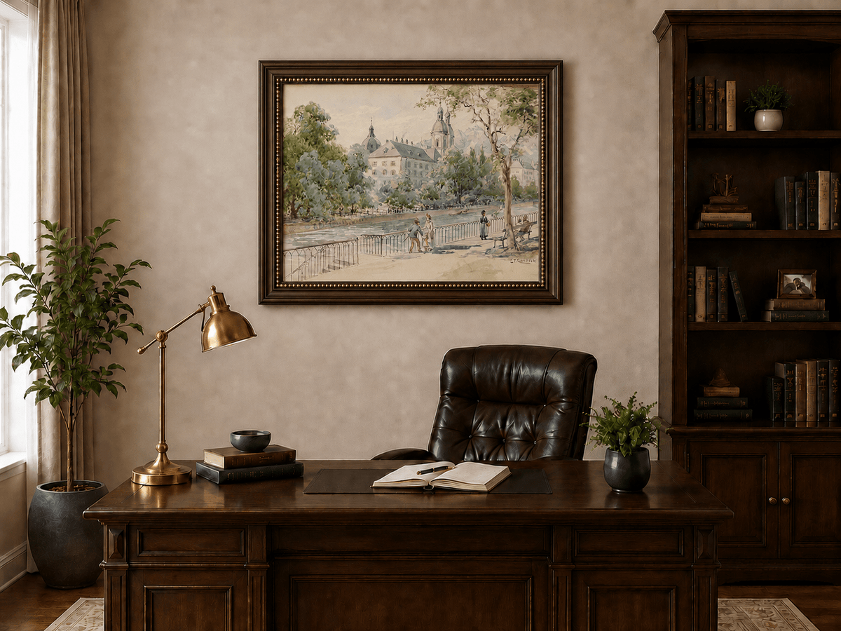 Landscape Oil Painting - Riverside Promenade with Church View