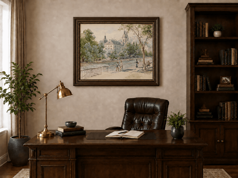 Landscape Oil Painting - Riverside Promenade with Church View