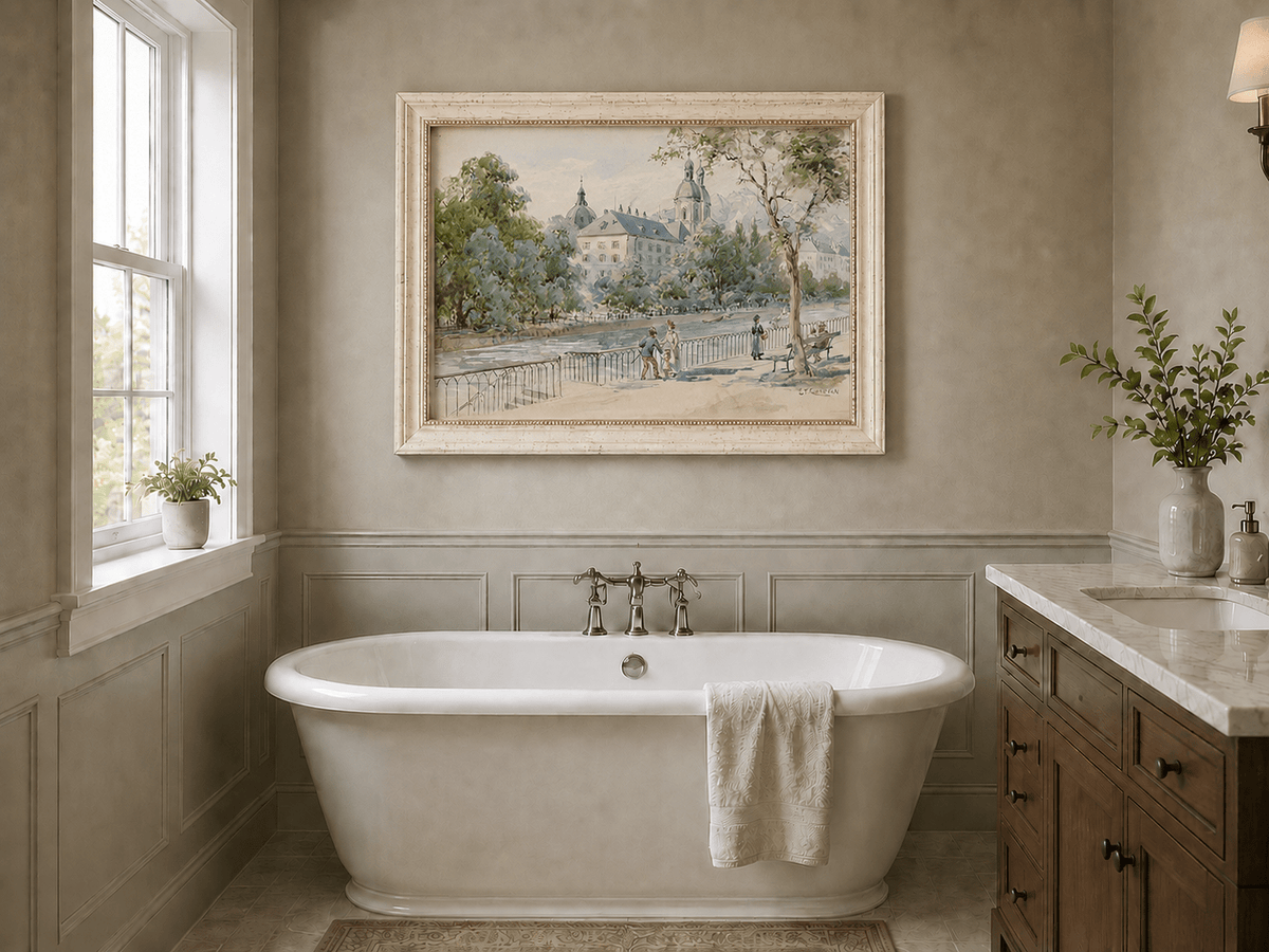 Landscape Oil Painting - Riverside Promenade with Church View