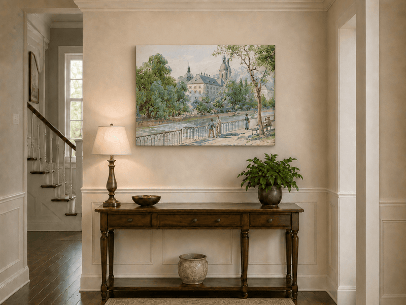 Landscape Oil Painting - Riverside Promenade with Church View
