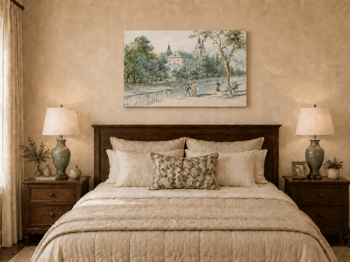 Landscape Oil Painting - Riverside Promenade with Church View
