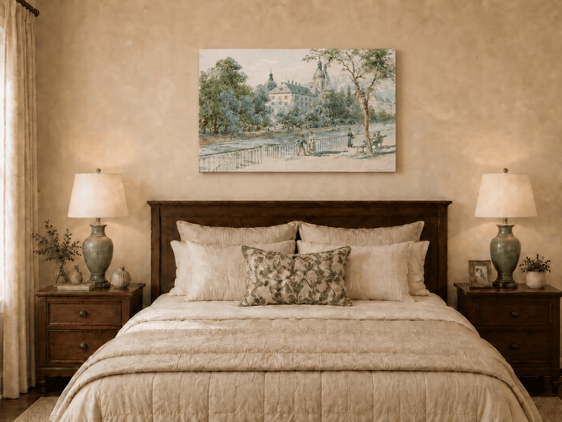 Landscape Oil Painting - Riverside Promenade with Church View