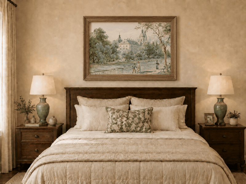 Landscape Oil Painting - Riverside Promenade with Church View