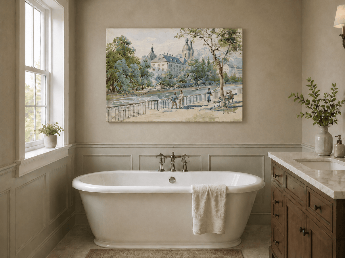 Landscape Oil Painting - Riverside Promenade with Church View