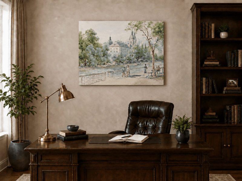 Landscape Oil Painting - Riverside Promenade with Church View