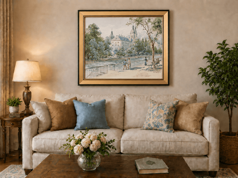Landscape Oil Painting - Riverside Promenade with Church View