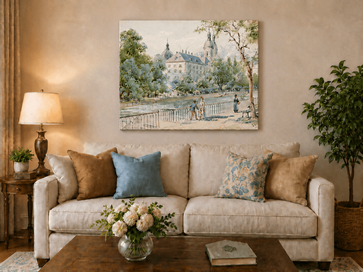 Landscape Oil Painting - Riverside Promenade with Church View