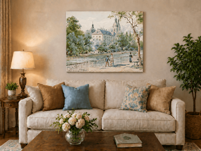 Landscape Oil Painting - Riverside Promenade with Church View