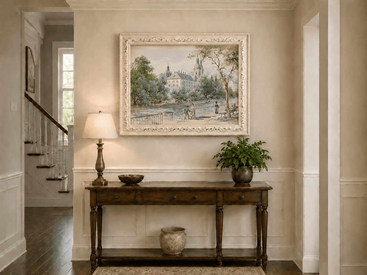 Landscape Oil Painting - Riverside Promenade with Church View