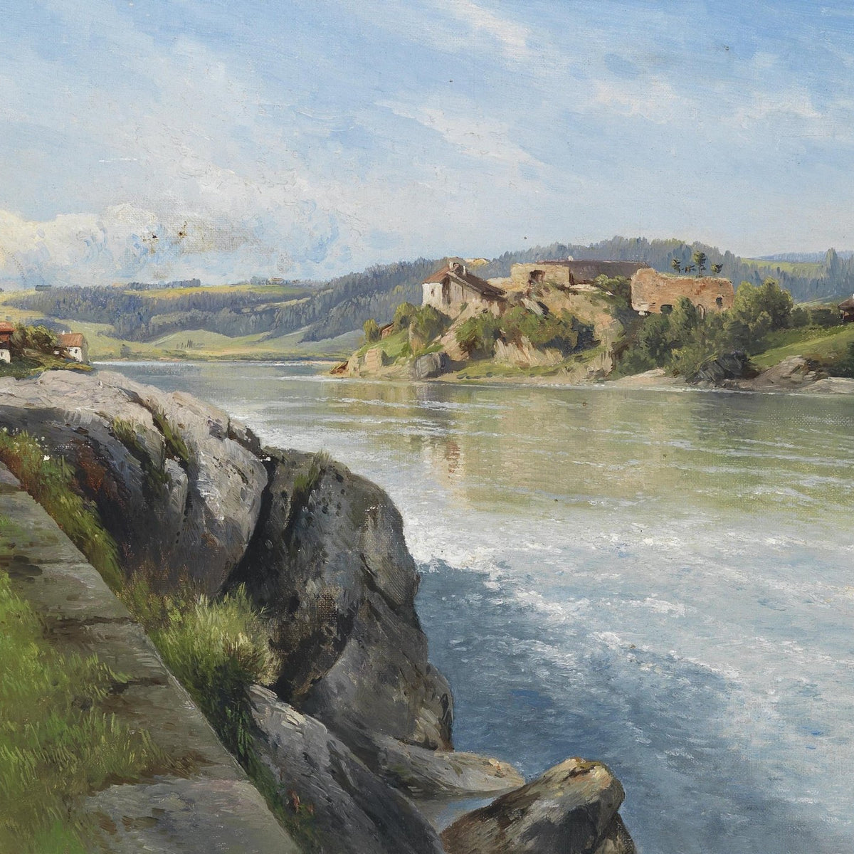 Landscape Oil Painting - Riverside River, Rocky Bank, Ruins & Green Hills - Oil Painting Haven