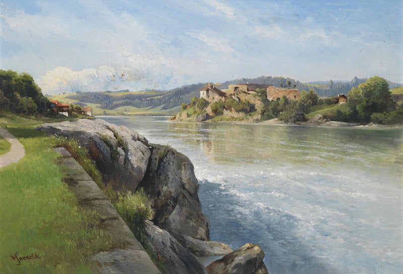 Landscape Oil Painting - Riverside River, Rocky Bank, Ruins & Green Hills - Oil Painting Haven
