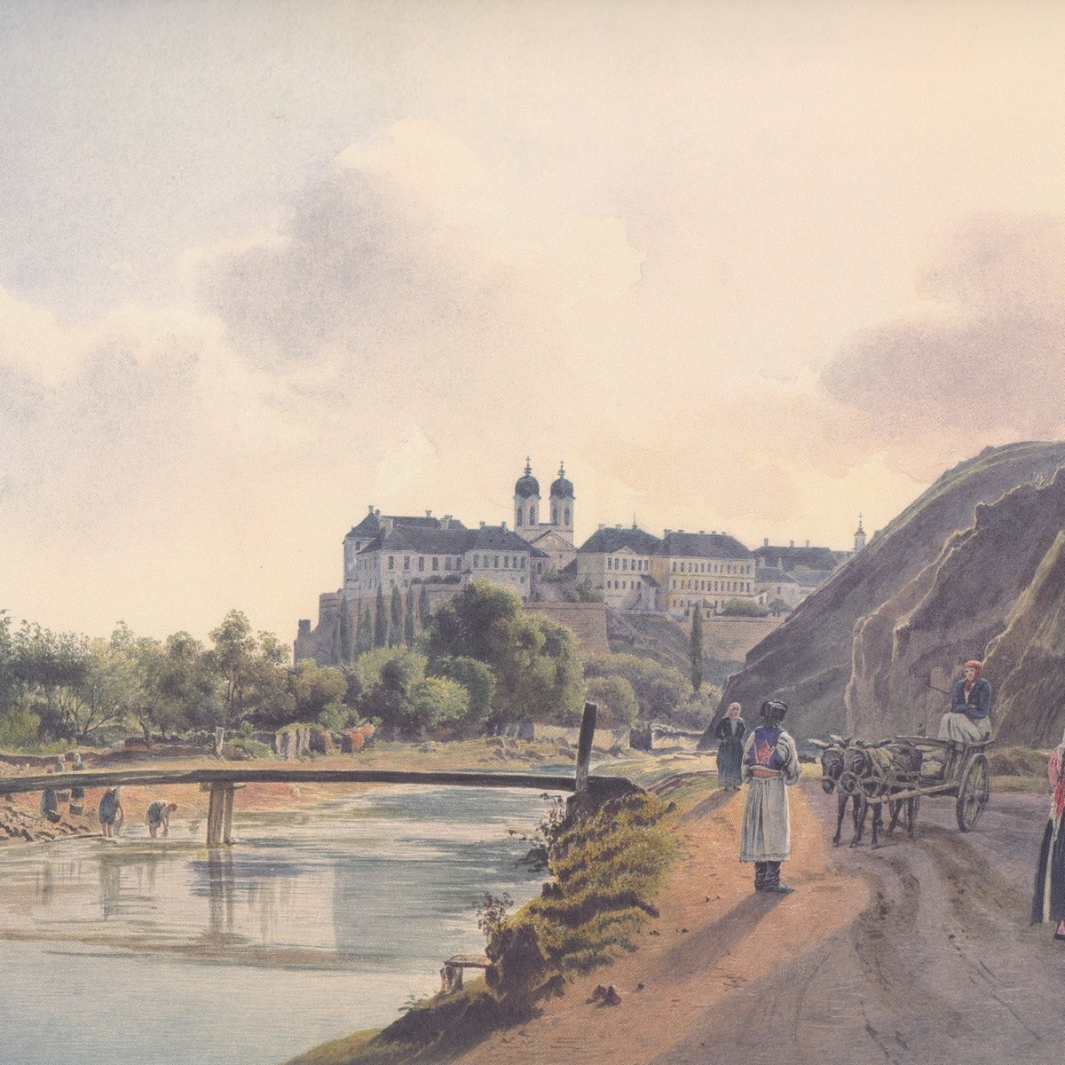 Hand-painted riverside road with hilltop abbey landscape oil painting on canvas