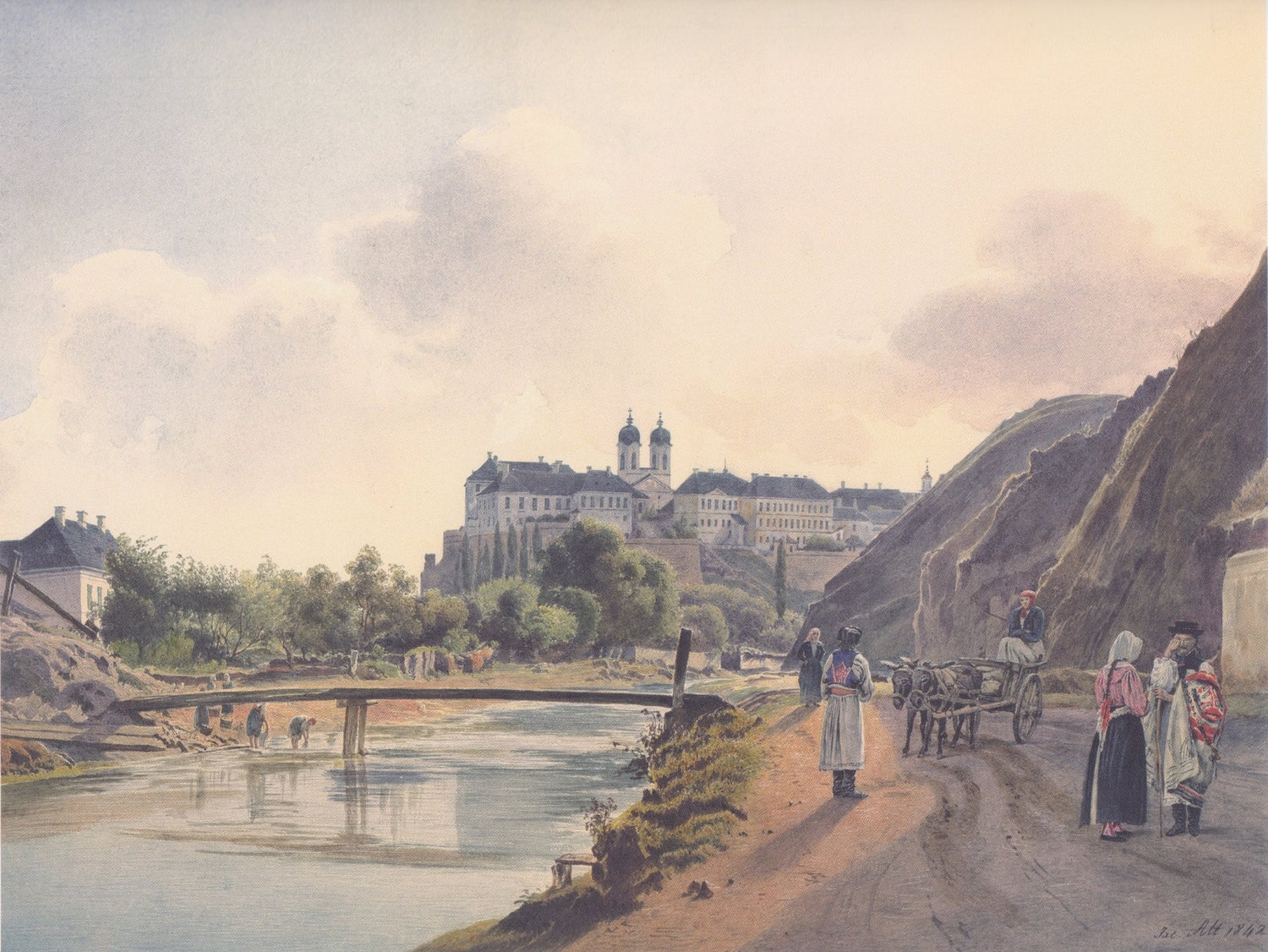 Hand-painted riverside road with hilltop abbey landscape oil painting on canvas