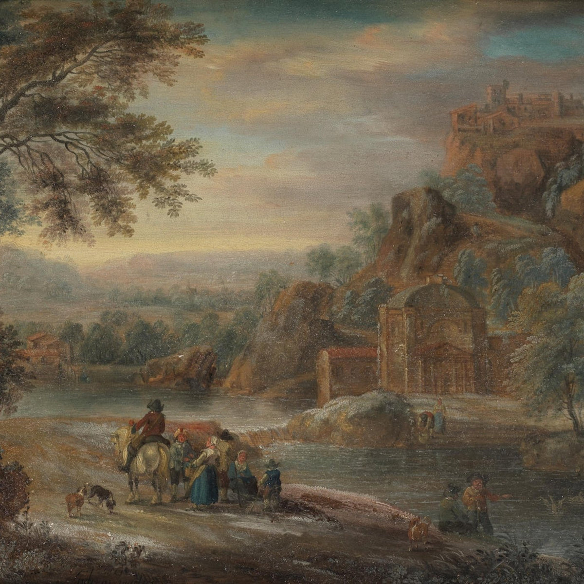 Hand-painted riverside ruins and castle with figures landscape oil painting on canvas