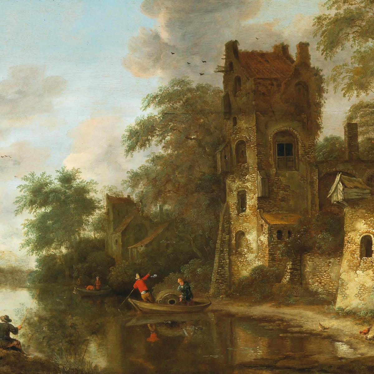 Hand-painted riverside ruins with boats and anglers landscape oil painting on canvas