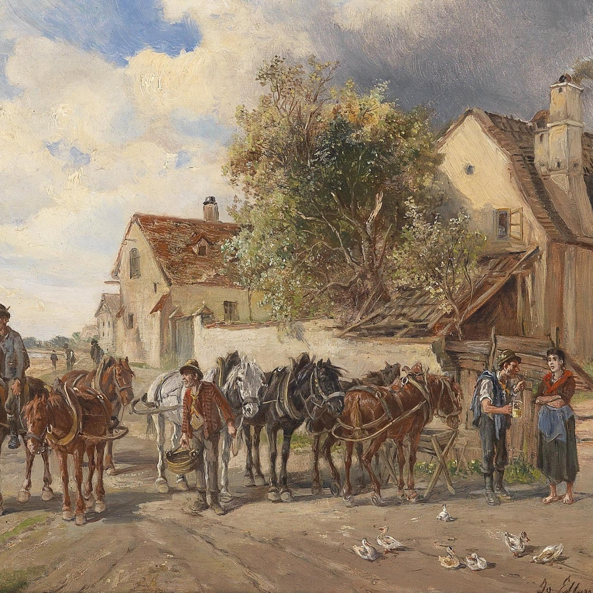 Landscape Oil Painting - Riverside Rural Town, Horses & Cottages - Oil Painting Haven