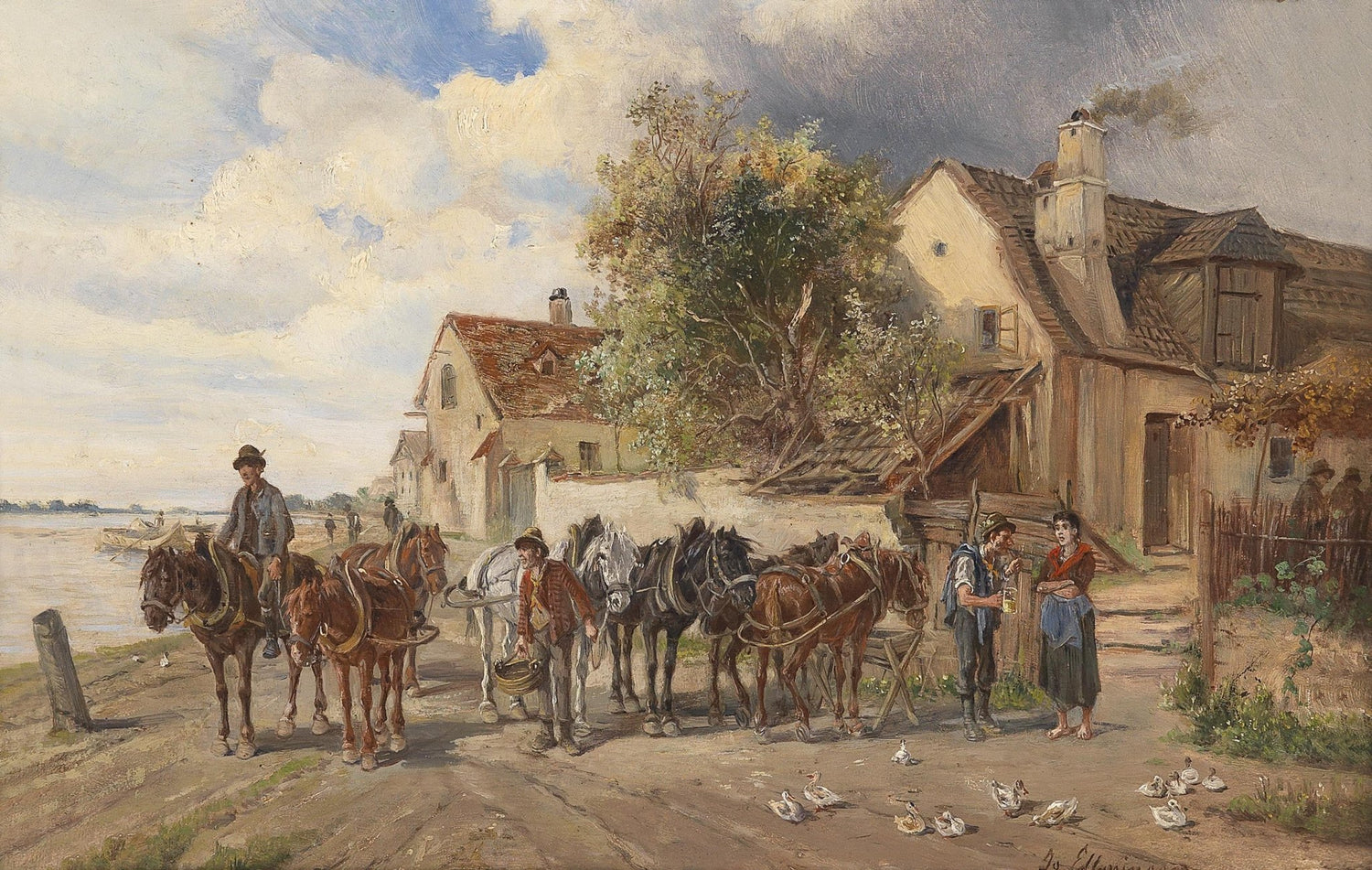 Landscape Oil Painting - Riverside Rural Town, Horses & Cottages - Oil Painting Haven