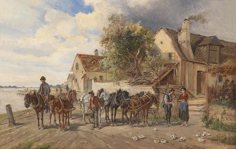 Landscape Oil Painting - Riverside Rural Town, Horses & Cottages - Oil Painting Haven