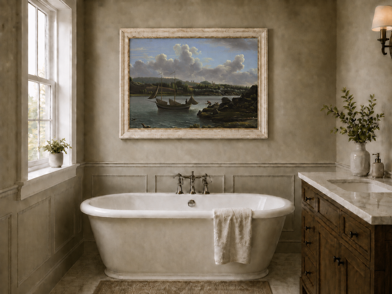 Hand-painted riverside sailboat with figures, dogs and distant hills landscape oil painting displayed in a bathroom interior above a bathtub.
