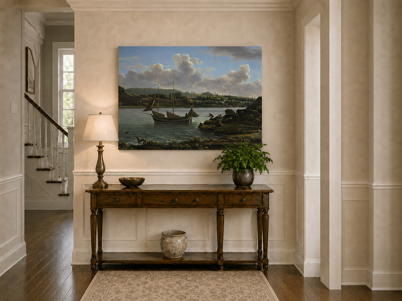 Hand-painted riverside sailboat with figures, dogs and distant hills landscape oil painting displayed in a bathroom interior above a bathtub.