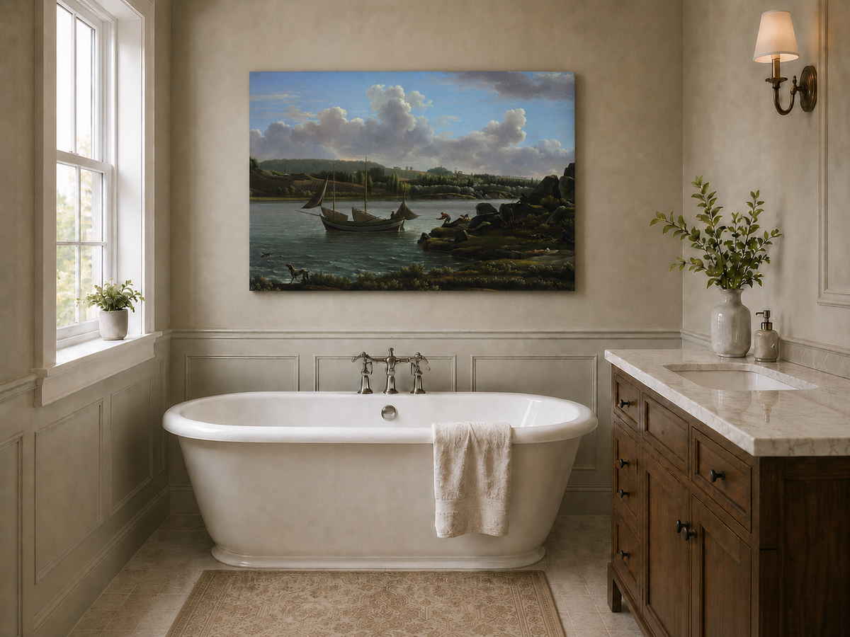 Hand-painted riverside sailboat with figures, dogs and distant hills landscape oil painting displayed above a bed in a bedroom interior.