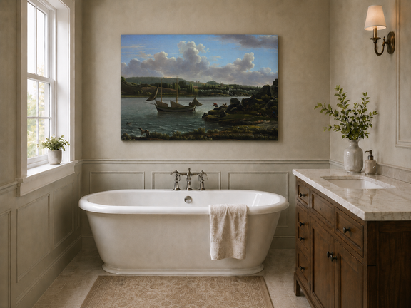 Hand-painted riverside sailboat with figures, dogs and distant hills landscape oil painting displayed above a bed in a bedroom interior.